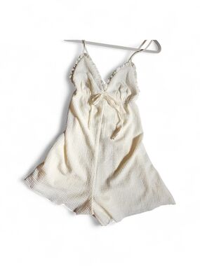 Fashion Nova Cream Lace-Trim Slip Romper